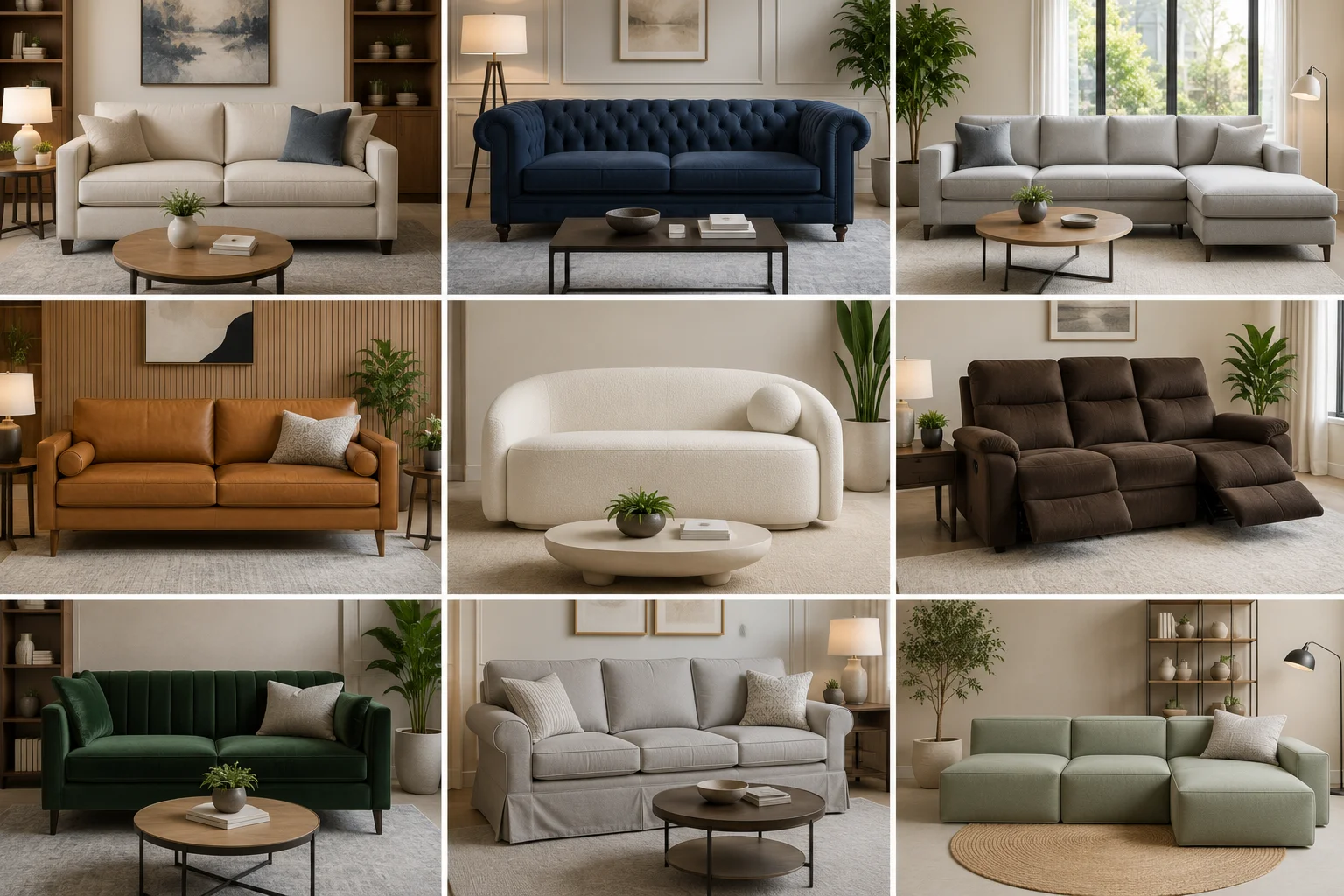 An illustration showing three types of hotel sofas: a durable ergonomic lounge sofa in a busy social area, a compact and comfortable sofa in a modern hotel guest room, and a strong modular commercial lobby sofa in a spacious hotel lobby. Each sofa is shown in its appropriate setting with realistic textures, high-end design details, and labels indicating its type
