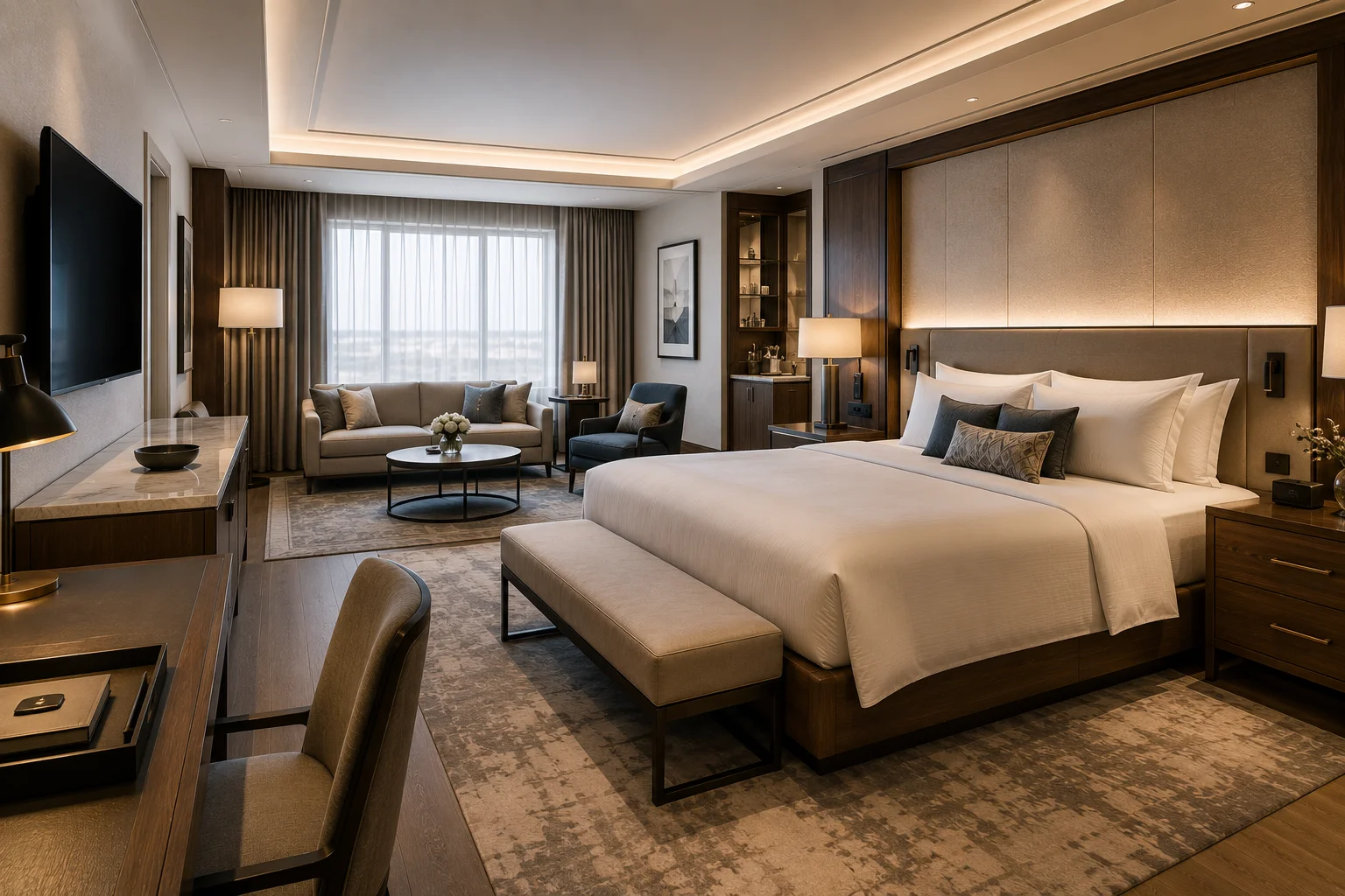 Hotel FF&E furniture including bed, desk, wardrobe and TV unit.