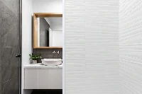 Contemporary recess shower unit with low-maintenance monolithic walls designed for a flush, uncluttered architectural fit