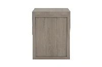 Minimalist Warm-Brown End Table: Low-maintenance wood-laminate finish featuring a smooth left-hand swing door and open lower shelf