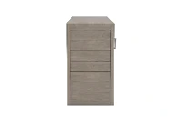 Sleek gray sliding door console with dual slatted doors minimalist metal pulls and integrated wire paths