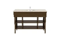 Minimalist geometric vanity station featuring a low-profile counter surface and a uniform, high-quality finish over a layered open framework