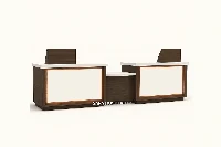 Sleek two-person reception counter showcasing a shared privacy riser with clean, linear accent paneling and concealed cable-management channels