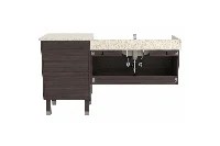Contemporary enclosed compact vanity with a sturdy solid-surface top and hardware-free cabinet fronts.