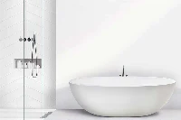 Modern open-basin surround featuring high-walled solid-surface panels engineered to pair seamlessly with low-profile, barrier-free floor basins