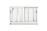 Sleek slatted wood media console with dual sliding doors and minimalist metal accents