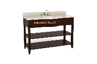 Modern lower shelf vanity top featuring an integrated solid-surface basin and a clean-lined architectural frame with a spacious, low-slung storage tier