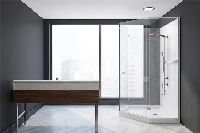 Minimalist space-separating surround station offering complete heavy-duty moisture protection for structural half-walls and walk-in T-walls
