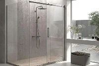 Minimalist walk-through surround station offering high-impact moisture protection and a streamlined visual flow for expansive shower spaces