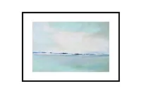 Modern coastal painting featuring a serene shoreline with soft waves and a hazy horizon