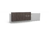 Modern curved-corner reception desk featuring a seamless commercial-grade build with smooth, rounded edges designed to soften lobby transit and maximize corner space