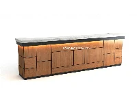 Modern paneled front reception desk featuring high-density commercial construction with crisp, geometric surface paneling to elevate front-of-house aesthetics