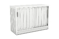 Modern slatted front media unit featuring clean lines and hidden wire management for components