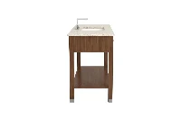 Contemporary small-footprint vanity unit with a sturdy solid-surface top and an exposed lower tier designed for accessible, hotel-style towel storage