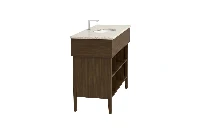 Contemporary double-deck vanity counter with a sturdy, monolithic top and two exposed under-sink storage tiers to organize fresh linens and amenities