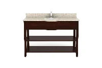 Sleek hospitality-style vanity unit showcasing an open lower shelf and a refined, minimalist silhouette for an airy, expansive bathroom aesthetic