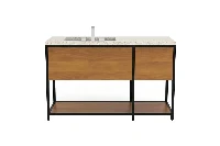 Minimalist geometric vanity station featuring a low-profile counter surface and an uninterrupted visual flow across its premium multi-compartment front