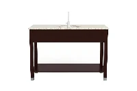 Minimalist linear vanity station featuring a low-profile frame and an uninterrupted visual flow across its polished, uniform solid surface