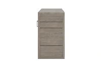 Minimalist gray tone server featuring high durability wood laminate and smooth sliding doors with open shelf area