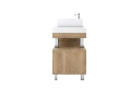 Minimalist extended-shelf vanity station offering a generous counter surface and a matching open-concept lower tier.