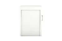 Minimalist left hand bedside table with high durability laminate finish and open lower shelf space