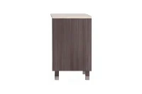 Minimalist wide-profile vanity station offering an elongated counter and generous, full-coverage storage doors