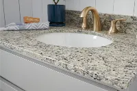 Traditional granite vanity surface featuring a decorative ogee edge and a polished natural stone finish