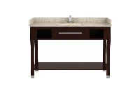 Sleek bathroom vanity unit showcasing an open-slat lower shelf and a refined, minimalist silhouette designed for an airy, hotel-inspired aesthetic