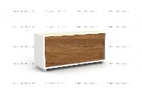 Sleek architectural welcome desk showcasing a minimalist, dual-level design and a clean-lined silhouette