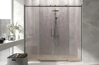 Contemporary open-concept surround unit with sturdy monolithic panels engineered to provide a clean, continuous backdrop for wet-room configurations