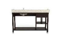Minimalist geometric vanity station featuring a low-profile frame and an uninterrupted visual flow down to its polished, uniform open leg construction