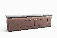 Contemporary picture-frame reception desk with a sturdy monolithic frame and multi-dimensional wall-panel detailing for a high-impact arrival experience