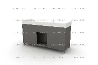 Architectural double-basin counter with a thick, mitered edge and wide deck space between the integrated sinks
