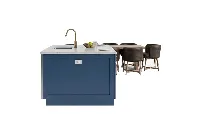 Contemporary freestanding countertop with a uniform finish and a bold geometric frame designed to maximize workspace and social seating
