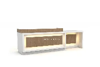 Modern open-frame reception desk featuring a sturdy powder-coated steel frame with open-geometry architectural legs and a clean commercial laminate workspace