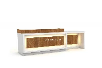 Sleek airy frame reception counter showcasing a minimalist skeletal structure paired with a floating transaction top and integrated wire-management channels