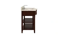 Contemporary under-shelf vanity counter with a sturdy, monolithic top and an exposed bottom deck designed for easy access to fresh guest linens and amenities