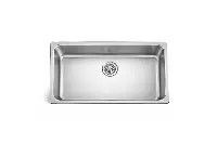 Industrial-style single bowl sink with a faceted interior base and a polished, brushed-metal finish