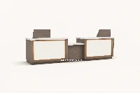 Contemporary double-workstation front desk with a sturdy monolithic base and dual transaction tops designed for simultaneous guest check-ins
