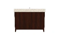 Minimalist geometric vanity station featuring a low-profile counter surface and a uniform, high-quality finish over a wide-open lower storage framework