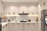 Modern minimal wall kitchen cabinet featuring a floating, handle-free design and a clean-lined, architectural silhouette