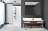 Modern partition wall surround featuring a double-sided solid-surface panel layout designed to clad both sides of a freestanding divider wal