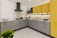 Modern compact corner kitchen cabinet featuring an L-shaped silhouette and space-saving storage solutions for small culinary areas