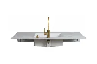 Minimalist solid-surface counter featuring a flush, built-in basin and a clutter-free, uniform finish that prevents grime buildup