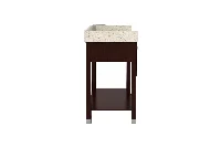 Contemporary open-base vanity counter with a sturdy, monolithic top and an exposed under-sink storage shelf for guest towels and amenities