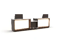 Modern dual-station reception desk featuring a high-density, commercial-grade laminate build with twin integrated work positions to streamline front-desk operations