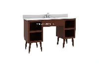 Modern double station vanity featuring two distinct integrated solid-surface basins and an expansive architectural counter