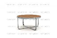 Modern round coffee table featuring a spacious circular top and a low-profile, architectural base