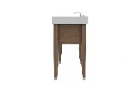 Minimalist slim-profile vanity station offering a crisp, narrow counter surface to optimize tight walkways