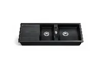 Contemporary drop-in double sink with a durable matte black finish and integrated drainboard